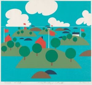  Stylized silk screen print titled "Søndagsettermiddag på Vestlandet" by Per Kleiva featuring a serene landscape with sky blue background, fluffy white clouds, green rounded hills with darker green circular trees, red-roofed houses, and earthy-toned rocks in the foreground.