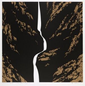  "Ein foss i Tafjord" by Per Kleiva, a color silkscreen on paper showing an abstract rendition of a waterfall with a central white zigzag shape against a dark brown and black textured cliff-like background.