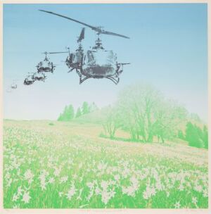  A color silkscreen on paper by Per Kleiva depicting a peaceful landscape with a field of white and yellow flowers under a light blue sky, contrasted by dark gray silhouettes of military helicopters in the upper middle portion of the image.