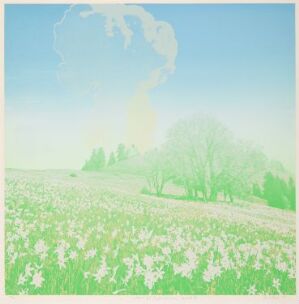  A pastel-colored silk screen print on paper by artist Per Kleiva, portraying a tranquil landscape filled with light green and pale yellow flowers, trees in a subtle green, and a gentle blue sky with a soft yellow cloud, evoking a peaceful spring morning.