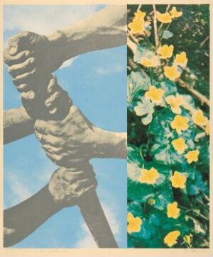  "Ein vakker dag" by Per Kleiva, a color silkscreen showing a side-by-side comparison of a monochromatic statue's arm and torso against a vibrant scene of bright yellow flowers amidst green foliage.