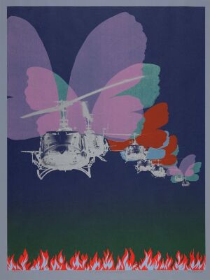  "Amerikanske sommerfuglar" by Per Kleiva, a conceptual silkscreen print on paper depicting a butterfly with a lavendar to purple gradient right wing and a collage of colors on the left wing against a deep navy background, with stylized red and white flames along the bottom edge.