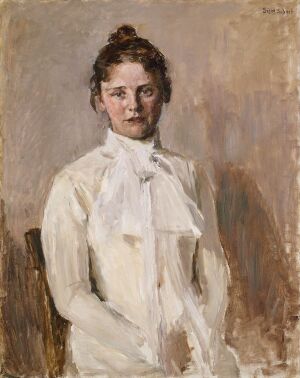  "Portrait of a Woman" by Signe Scheel, oil on canvas. A woman wearing a white blouse with a ruffled neckline and bow is painted against a neutral brown background. She has brown hair in an up-do and looks directly at the viewer with a composed expression. The painting combines realism with impressionistic brushwork.