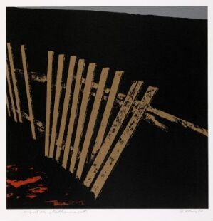  A fine art silkscreen print titled "Midtsommarnatt" by Per Kleiva, featuring a minimalist composition with vertical and diagonal cream-colored slats against a black background, suggesting a fence or barrier, with a small section of warm red and orange tones in the bottom left corner, reminiscent of flickering flames.