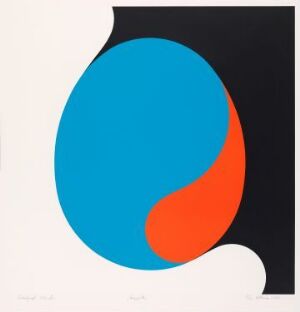  "Egget" by Per Kleiva - A minimalist fine art piece featuring a large, central egg shape bisected by a curved line with cyan blue on the left and orange on the right, set against a white background with a black form framing the left and bottom sides.