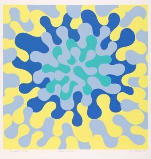  "Klaustrofobien" by Per Kleiva – A fine art silk screen print featuring a pattern of interlocking, organic shapes radiating from the center, with colors transitioning from pale turquoise through various shades of blue, surrounded by yellow shapes on a cornflower yellow background.