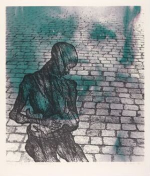  "Bilete 1976 I" by Per Kleiva is a color silk screen print on paper depicting a hunched-over woman sitting on a cobblestone-like surface. The color scheme consists of cool blues and greens, creating a somber, introspective mood.