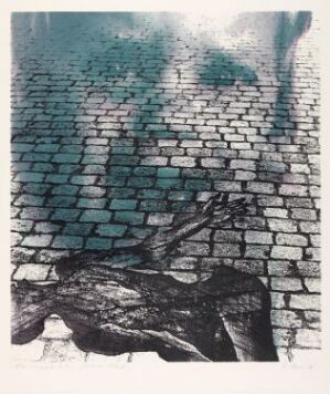  "Bilete 1976 III" by Per Kleiva, a fine art silk screen print on paper featuring a textured cobblestone pavement with variegated shades of grey and blue, depicting the interplay of light and shadow in an urban setting.