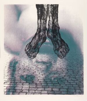  "Bilete 1976 II" by Per Kleiva, a surreal fine art print featuring detailed, dark human-like legs and feet suspended in the air above a textured, bluish-gray cobbled street, with a soft, misty background in muted blues and grays.