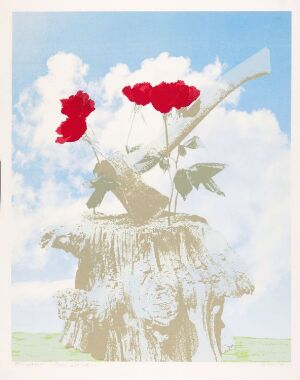  A colorful silkscreen artwork by Per Kleiva titled "Vi som intet eide," featuring a tranquil sky in soft blue tones, minimalist clouds in beige and white, a textured central form in grays and browns resembling a tree stump, and three vibrant red roses with green stems, alluding to themes of nature and possibly symbolism.