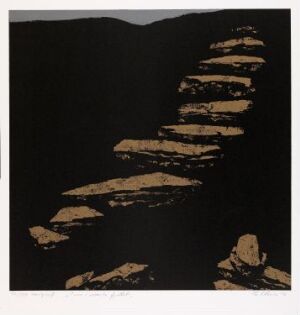  "Inn i svarte fjellet" by Per Kleiva, a fine art silkscreen on paper showing a series of earth-toned steps ascending amidst a stark black background, suggesting a pathway into a dark mountain.