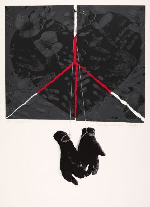  "Vår vilje til friheit" by Per Kleiva, featuring a split dark gray circular motif with a red "X" and compass-like lines on the top half, and a pair of solid black gloves suspended below against a white background.