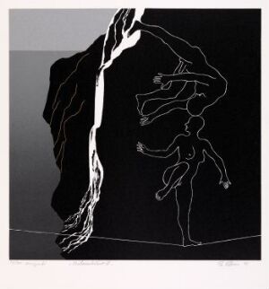  "Balansekunst II" by Per Kleiva, featuring a color silkscreen on paper, with a stark black background and white outlines of a driftwood-like form on the left and a human figure posed as if balancing on the right, captured in a minimalist yet expressive style.