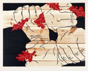  "At hendene er våre eigne, og at jorda tilhøyrer oss" by Per Kleiva, a fine art silkscreen on paper depicting intertwined human hands in pale, fleshy tones with several dark red oak leaves atop them, set against a deep black background.