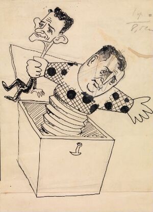  A caricature drawing by artist Kaare Holbæk-Hanssen titled "Ove Bang og Jan Reiner" on thin cardboard, featuring two men in a comical scene with one popping out of a box and the other holding a paper, rendered in ink and pencil with monochromatic tones and expressive lines.