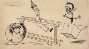  A whimsical black and white drawing by Kaare Holbæk-Hanssen titled "Grimsgaard, Dunker og Bjercke." It features three caricatured objects or characters with human-like features interacting with an architectural barrier: a surprised, spectacled face-like shape; a conical figure in a party hat sitting on the barrier; and a human-like figure with small glasses and a mustache carrying a swinging bag. The artwork is playful with a focus on simple line work.