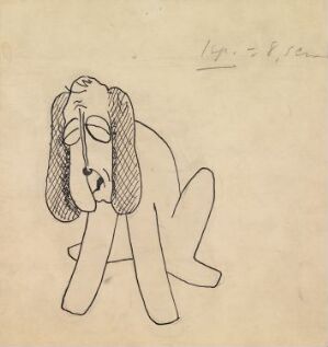  A line drawing by Kaare Holbæk-Hanssen titled "Harald Hals" featuring a cartoon-like dog with long ears and a sad expression, created with black ink on beige paper cardstock, showcasing minimalistic but expressive detail.