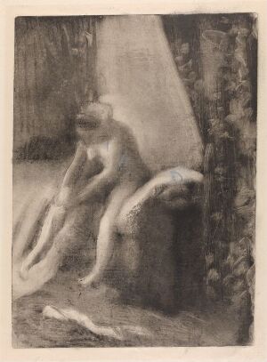  Monochrome monotype on paper titled "Getting Up-Stockings" by Edgar Degas, portraying a seated woman in sepia tones, pulling up her stockings in a softly lit, intimate indoor setting with a blurred background.