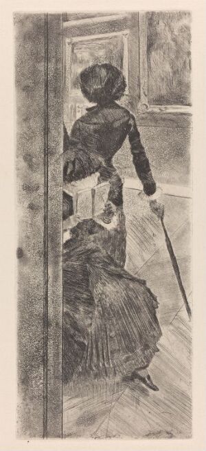  A monochromatic etching by Edgar Degas titled "Mary Cassatt at the Louvre" depicting a woman in late 19th-century attire viewing a painting, with detailed folds in her dress and hat, holding a slender stick, set against a lightly sketched gallery interior.