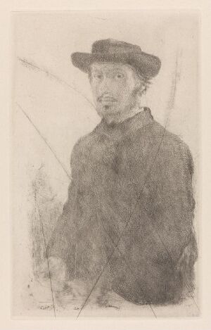  A monochrome etching and drypoint self-portrait by Edgar Degas on paper, featuring the artist in a wide-brimmed hat and high-necked coat, gazing directly at the viewer with a background of subtle horizontal lines. The image is rendered in shades of gray, with detailed hatching providing depth and texture to his attire and facial features.