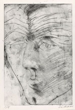  Monochromatic drypoint print titled 'Komponisten Edvard Fliflet Bræin' by Ludvig Eikaas, featuring the expressive close-up of a man's face with dynamic lines radiating from the center, showcasing a contemplative expression in shades of black, gray, and white.