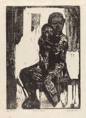  "Mor og barn" by Inggard Rosseland, a woodcut print on paper featuring a black and white image of a mother seated, holding a child close to her. The artwork employs expressive lines and stark contrasts, capturing the emotional bond of the figures depicted.