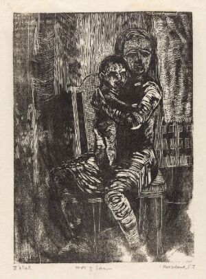  "Mor og barn," a black and white woodcut print by Inggard Rosseland, depicting a loving mother seated and holding her child close, amidst a background of textured lines suggesting an interior setting.