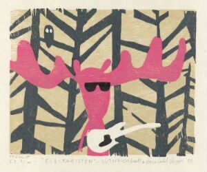  Stylized print titled "Electric Guitar Player" by Einar Lasse Kolsrud showing a whimsical pink figure with antlers and sunglasses playing a white electric guitar, set against an abstract forest backdrop with intersecting black lines on beige paper.