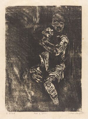  "Mor og barn" by Inggard Rosseland, a woodcut print on paper portraying an intimate scene of a mother embracing her child. The artwork is characterized by deep blacks and soft grays creating rich contrasts and textures, with the subjects detailed in expressive lines and patterned clothing, set against a mostly dark background, conveying a warm and protective atmosphere.
