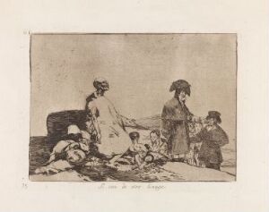  An etching by Francisco de Goya titled "But they are of another breed," depicting a rural scene with a group of figures including women and children, executed in monochromatic shades of beige and brown, utilizing etching, flatbiting, polishing steel, and drypoint techniques on paper.