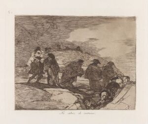  "They do not know the way" by Francisco de Goya, an etching depicting a group of somber figures in a desolate landscape, dressed in muted attire, focusing intently on the ground with an overcast sky above them, done in sepia and gray hues emphasizing a mood of despair.