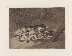  "Harvest of the dead" by Francisco de Goya, a haunting etching of a group of lifeless bodies piled together in the dark, capturing the grim aftermath of a devastating event with stark monochromatic tones.