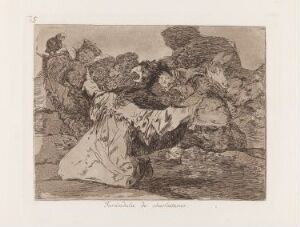  An etching by Francisco de Goya titled "Charlatans' show" depicting a robed central figure performing to a group of indistinct spectators, masterfully executed in shades of grey to create depth and atmosphere on paper.