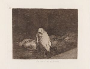  "The Beds of Death" by Francisco de Goya, an etching depicting a dark scene with a cloaked figure bending over a form on the ground amidst a neutral, sepia-toned background, suggesting a moment of grief or contemplation.