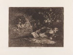  "Ravages of War" by Francisco de Goya, depicting a dark and shadowy etching of a lifeless body at the center surrounded by indistinct forms, representing the aftermath of conflict with a stark contrast of brown and black shades creating a sense of death and destruction.