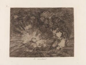  "Will she rise again?" by Francisco de Goya, an etching and polishing on paper depicting a shadowy scene with a female figure lying on the ground, possibly struggling to get up, while a male figure stands by her side in a dark, tumultuous environment, executed in sepia tones.