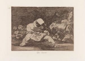  An etching by Francisco de Goya entitled "What madness!" displaying a monochromatic scene with a central figure in a tumultuous setting, surrounded by characters enveloped in shadow, executed in shades of brown and gray on paper.