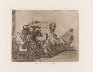  A monochromatic etching by Francisco de Goya titled "This is not less so," featuring dynamic figures in movement crafted through varied shades of black and gray, utilizing techniques of etching, aquatint, drypoint, and burnishing on paper. The scene is composed with expressive lines and contrasting areas of light and shadow, typical of Goya's contemplative style.