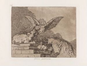  An etching titled "Feline pantomime" by Francisco de Goya, featuring a large anthropomorphic cat perched on a ledge with deeply pointed ears, overlooking two smaller human figures. The work is executed in shades of brown, conveying a sense of mystery and surrealism.