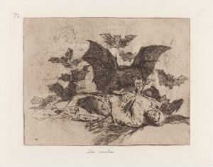  "The Consequences" by Francisco de Goya, an etching depicting a lifeless human figure with a pained expression, surrounded by dark winged creatures resembling bats, symbolizing the aftermath of a disaster or violence, executed in monochromatic shades on paper.