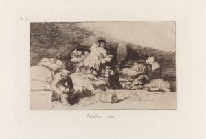  "These too" by Francisco de Goya, a monochrome etching of a group of figures in distress, dominated by dark shades and expressive lines, conveying a powerful emotional scene.