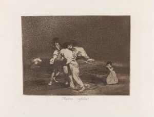  "Unhappy mother!" by Francisco de Goya is an etching featuring a distraught woman reaching out toward a child while another woman holds her back; to the side, a man walks away, and the scene is set against a minimalistic backdrop with sepia tones.
