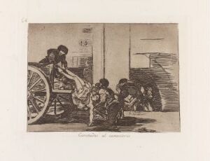  A grayscale etching titled "Cartloads to the cemetery" by Francisco de Goya depicting a horse-drawn cart loaded with bodies, surrounded by somber figures, conveying a sense of melancholy and reflection on death. The detailed art piece is monochromatic, showing deep shadows and textures suggestive of a historical scene filled with grief and sorrow.