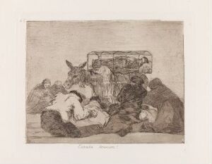  An etching by Francisco de Goya titled "Strange Devotion!" showing a group of distressed humans around a lifeless figure in the foreground, with an alcove containing more figures and a cross in the background, and a calm donkey between them, all rendered in muted brown and gray tones.