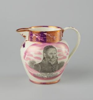  A historical flint ware jug titled "Punsjemugge med Eidsvolds-bygningen og portrett av statsråd Chr. Krohg i trykkdekor". The jug has a glossy finish with a translucent white base, pink marbled band, and a portrait in grayscale centered on the side. It features soft rose luster stripes and a rich purple rim and spout. The handle is white, curving elegantly to complement