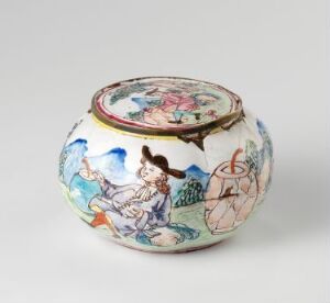  A small, rounded ceramic pot adorned with painted scenes depicting a man in traditional East Asian clothing and abstract floral patterns in soft hues of green, red, and blue, with a rust-colored rim. Artist name and title are unknown.