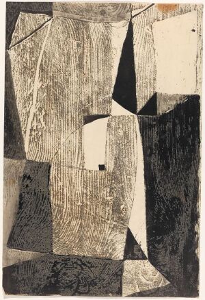  Abstract woodcut print titled "Head" by Gunnar S. Gundersen, featuring a collage of geometric shapes in black, white, and shades of gray on a natural paper background, creating a stylized representation of a head.