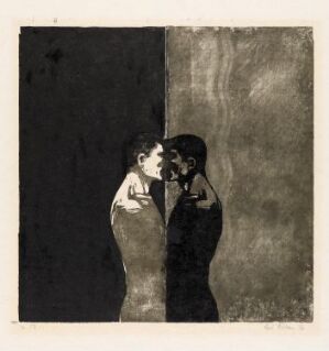  "Kysset" by Karl Erik Nilsen, a woodcut print on paper depicting two stylized figures in high-contrast black and white, engaged in an intimate kiss. The artwork captures the essence of the moment through simplified forms, contrasting shades, and textured surfaces.