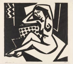  "Seated Nude" by Gert Jynge, a woodcut print showing a stylized, seated female nude figure in black on white paper with abstract geometric patterns in the background.