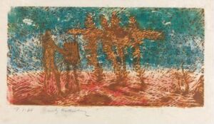  "The Painter" by Frans Widerberg, an abstract fine art color woodcut print on paper, depicting a scene with warm earthy tones and a luminous blue sky, featuring central vertical and horizontal strokes that suggest tree or figure-like forms amid a textured landscape.